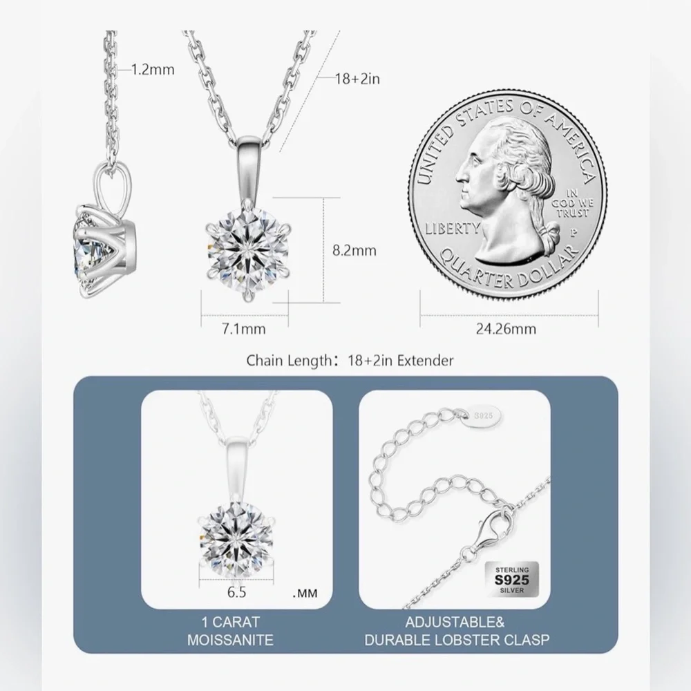 1.0 carat MOISSANITE ROUND PENDANT NECKLACE S925Sterling silver/gold plate chain - Picture 3 of 5